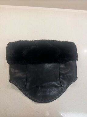 Black Faux Fur Trim Leather Crop Top - Women's Fashion